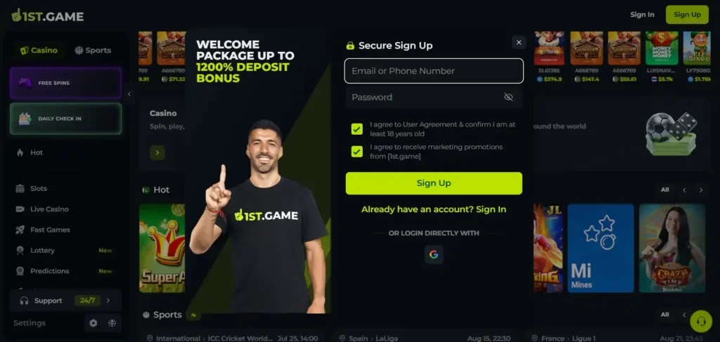1st game download apk profile registration screen featuring sign up login form box and welcome bonus banner