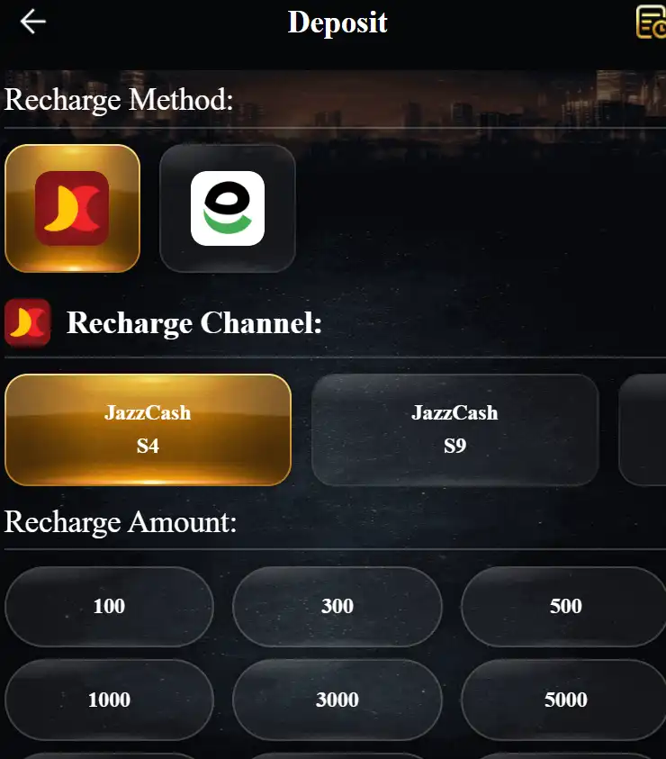 222RS Game deposit screen showing JazzCash Easypaisa and PKR recharge amounts
