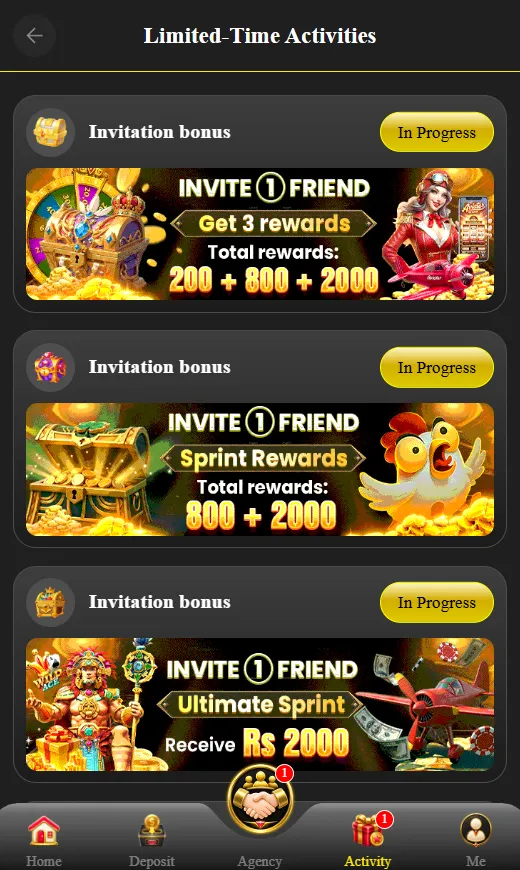 "Screenshot of a mobile gaming app's Limited-Time Activities screen showing promo banners to 'Invite Friends to Register' for an Rs 1500 bonus and 'Join VIP to Receive Permanent Benefits' with weekly and monthly cash rewards."