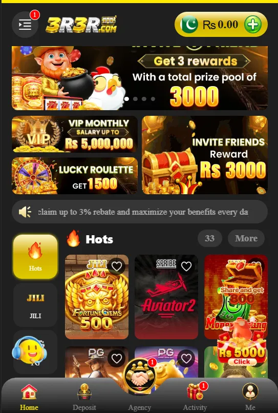 "Screenshot of the 3R3R online gaming app home dashboard showing account balance of Rs 3.40, navigational icons, and promotional banners for VIP benefits, monthly salary, and Lucky Roulette."