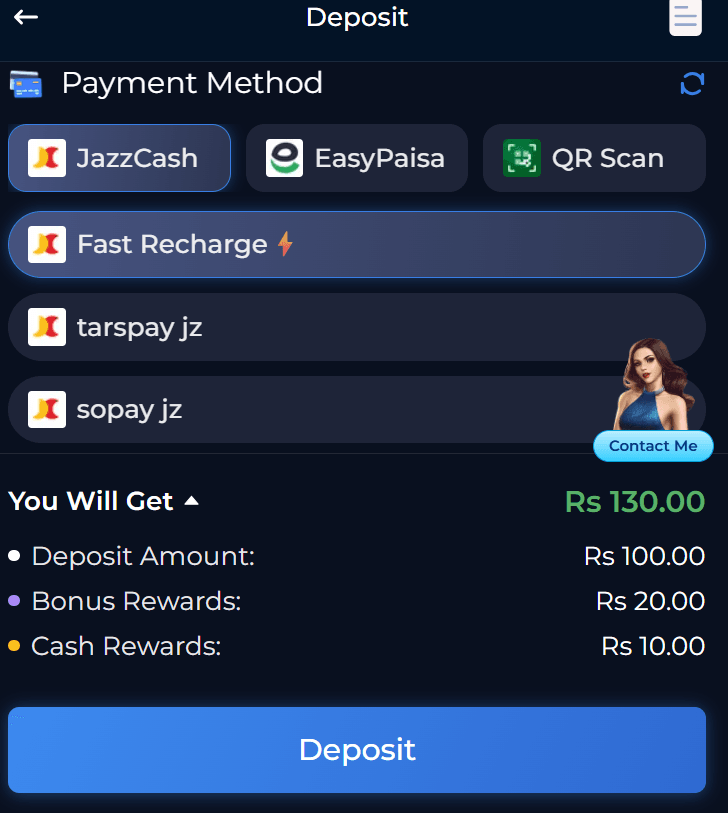 56MVP Game Download deposit interface with a dark background displaying payment options and a transaction summary. At the top, under "Payment Method," options include JazzCash, EasyPaisa, QR Scan, Fast Recharge, tarspay jz, and sopay jz. Below, a section titled "You Will Get" lists a total of Rs 130.00, broken down into Deposit Amount (Rs 100.00), Bonus Rewards (Rs 20.00), and Cash Rewards (Rs 10.00). A customer support avatar labeled "Contact Me" appears on the right, and a large blue "Deposit" button sits at the bottom.