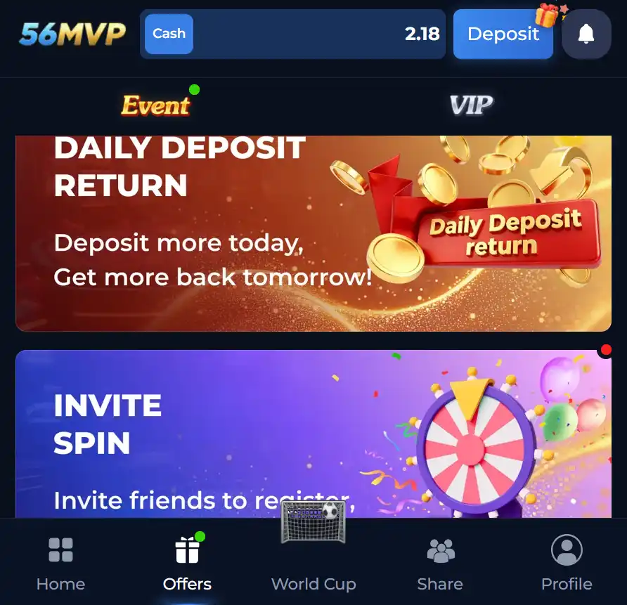 56MVP Game Download  dashboard for 56MVP showing promotional event banners on a dark theme. The top banner features a prize wheel inviting users to register friends for rewards, while the lower banner displays an overflowing treasure chest for inviting contacts.
