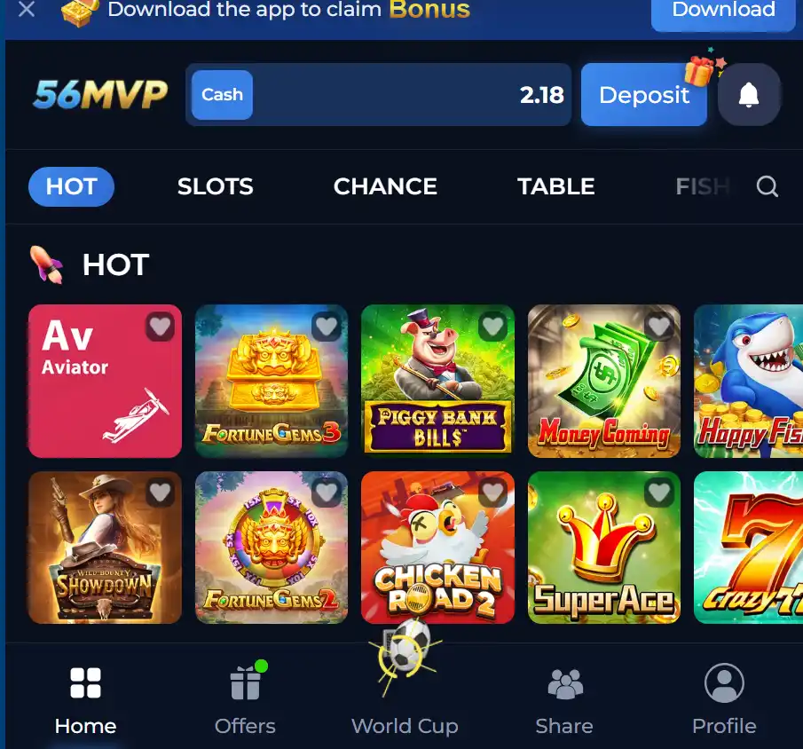  56MVP Game Download Home screen observed during testing, showing the HOT section, game tiles, category navigation, Events shortcut, and bottom navigation.