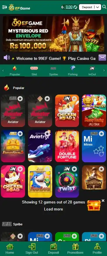 The main gaming lobby interface of the 99EF Game app displaying rows of interactive icons for card games, slots, roulette, and crash games