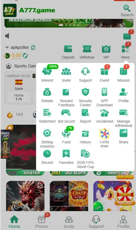 A777 Game Apk Download For Pakistani – Full Review 2026 2 A777 Game download home screen layout displaying featured games including Aviator, JILI Slots, Mines, Win Go, and Plinko on Android.