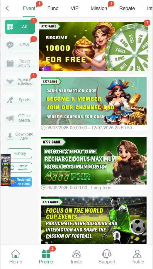 A777 Game Apk Download For Pakistani – Full Review 2026 3 A777 Game promotional offers page showing agent recharge commission, 25% weekly cashback, and 50% first deposit bonus