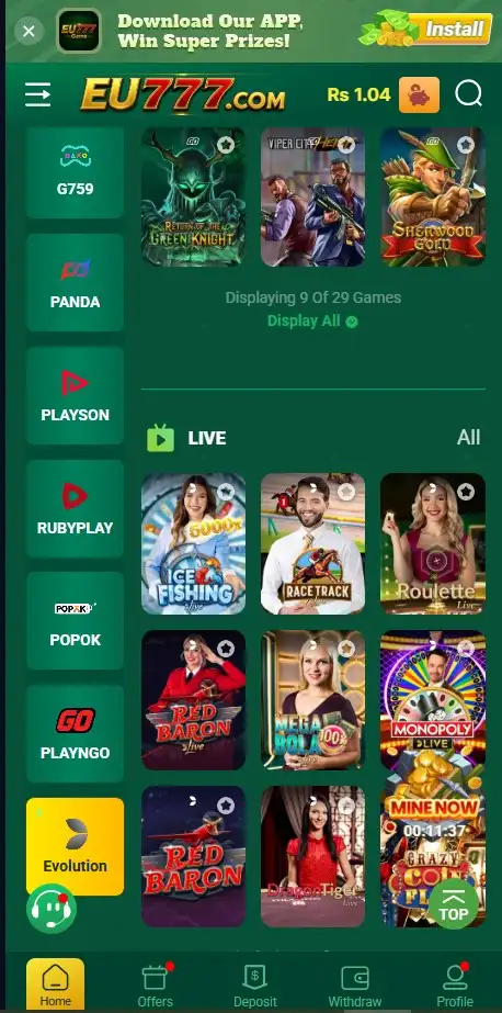 EU777 Game app homepage displaying slot, card, and crash game categories in Pakistan
