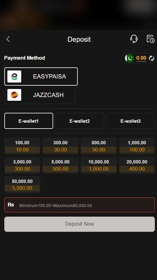 Mobile app deposit interface for GGR678 featuring Easypaisa and JazzCash payment options.