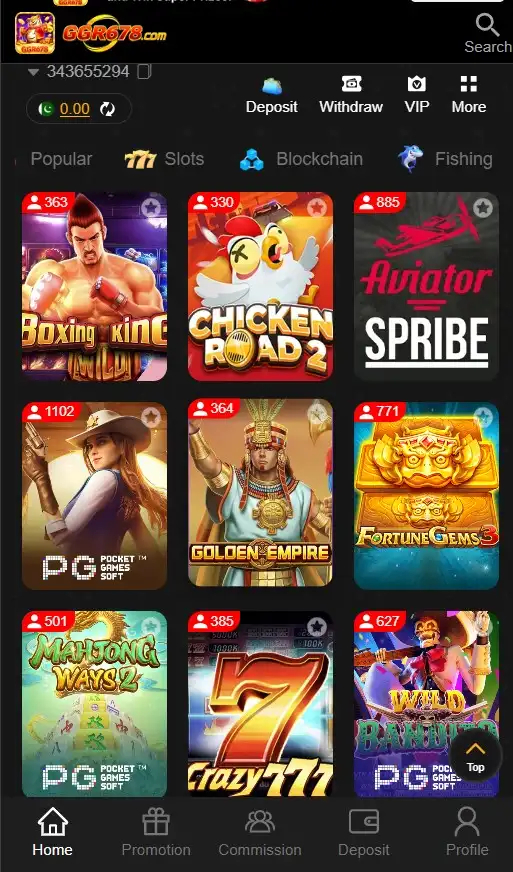 Main home screen of the GGR678 gaming app featuring promotional banners and game tiles.