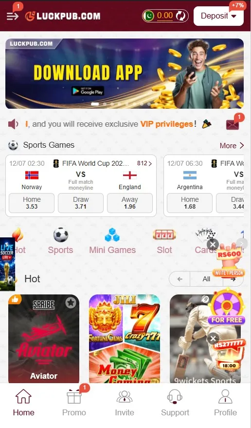 Luckpub Game Download home dashboard