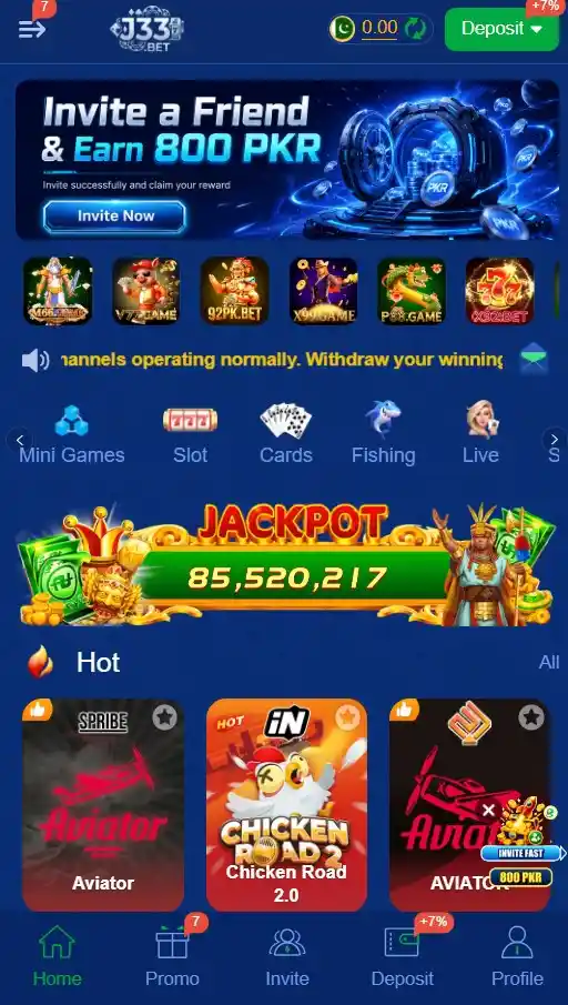 J33 Bet main application dashboard showing invite rewards, slot banners, and PKR promotion codes