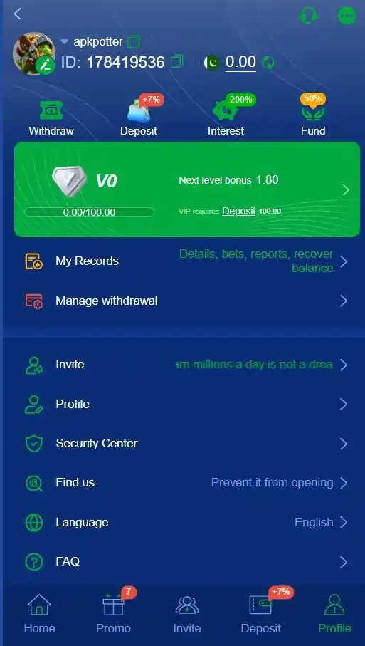 J33 Bet user account profile menu showing balance, deposit limits, and support buttons
