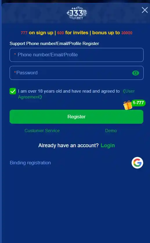 J33 Bet mobile login and registration portal dashboard interface for Android devices
