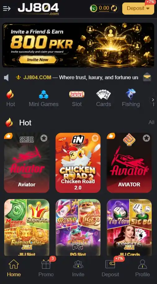 Main game lobby interface of the JJ804 platform showing available casino mini-games
