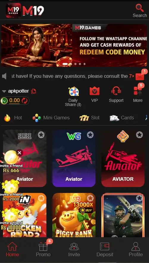 M19 Game home screen showing Aviator and slot games dashboard