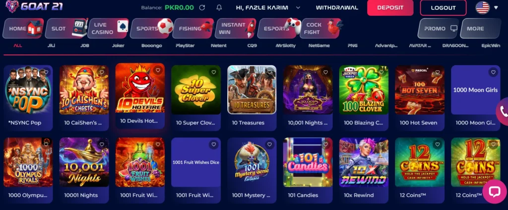 Goat21 Game APK  page showing game promotions, sports navigation