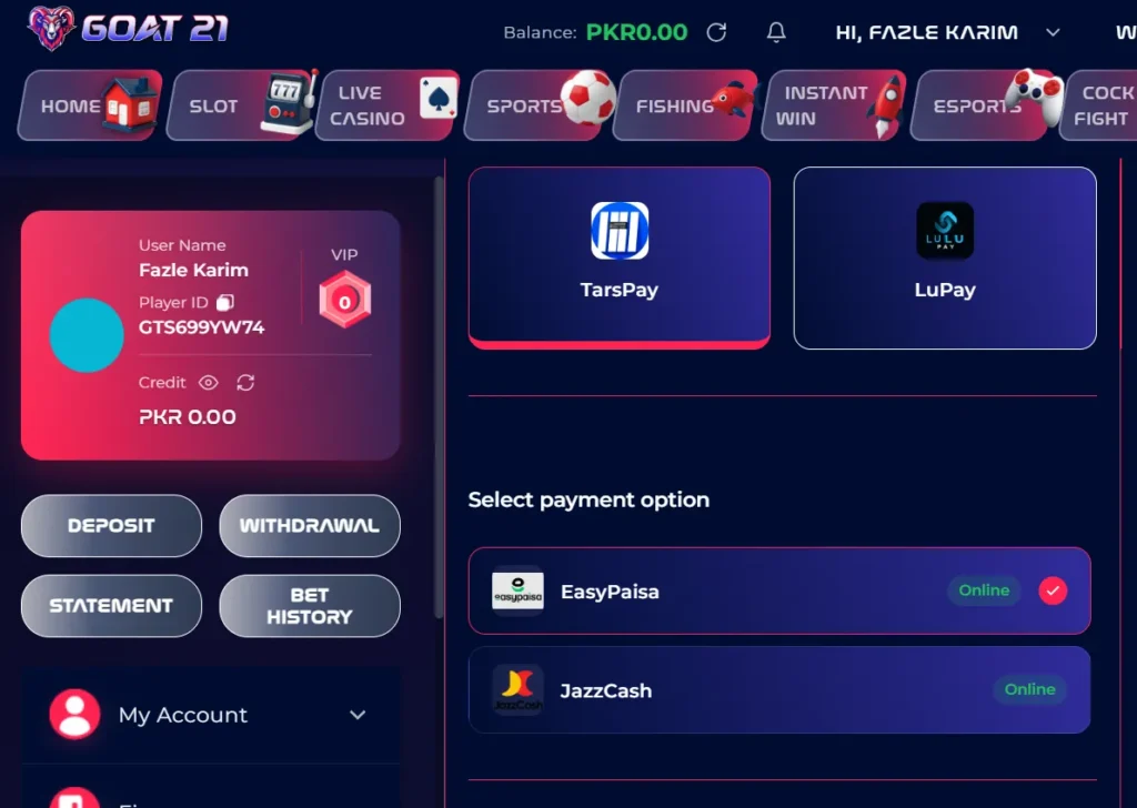 Goat21 Game APK deposit page showing EasyPaisa and JazzCash payment options and PKR deposit amount field