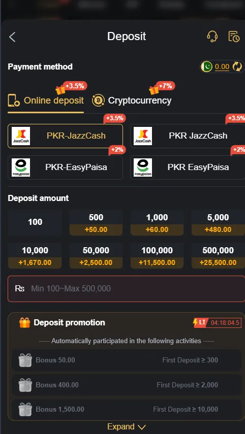 k77slot Game deposit interface showing Balance 0.00 with JazzCash and EasyPaisa payment options and deposit amounts from Rs 100 to Rs 100,000 with bonus percentages