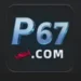 Official application launcher icon for P67.com with blue dimensional metallic typography and a small red design accent over a dark gray textured background.