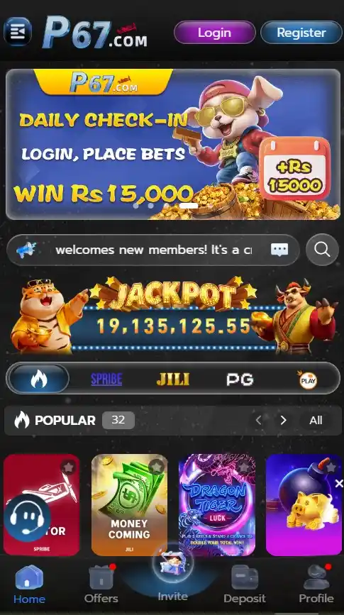 App home screen featuring various casual betting categories alongside scrolling graphics promoting a daily check-in win of Rs 15,000 and a running progressive mega jackpot banner.