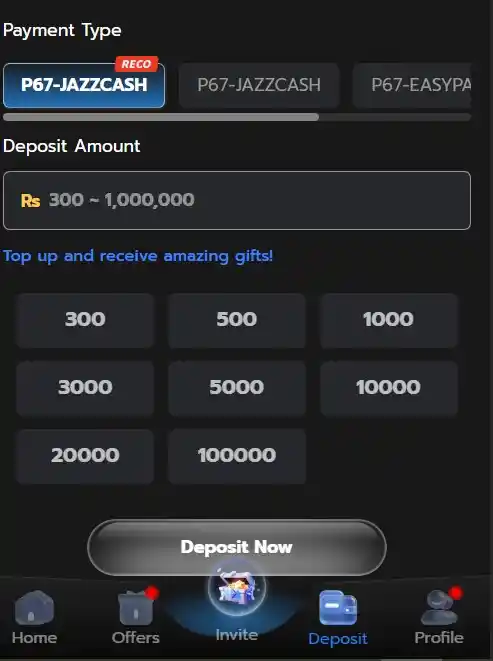 Mobile payment interface with toggle tabs for JazzCash and quick-select deposit value blocks ranging from 300, 500, and 1,000 up to 100,000 Rupees.