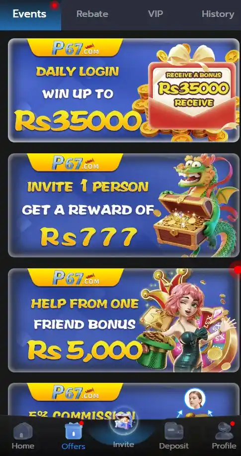 App dashboard showcasing promotional banners offering a Daily Lucky Win up to Rs 35,000, an Invite 1 Person reward of Rs 777, and a Friend Bonus up to Rs 5,000