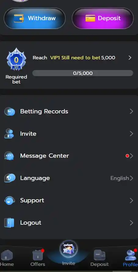 Internal account profile page displaying primary operational buttons for Withdraw, Deposit, Betting Records, Invites, and Live Customer Support.