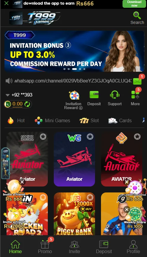 T999 Game home screen with mini games and slots