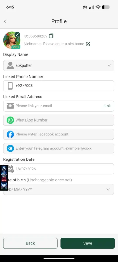 User profile page in Z7 Game