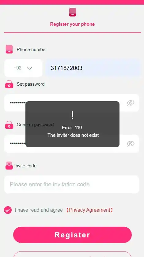 Zentrowin game registration error 110 inviter does not exist invite code required Pakistan