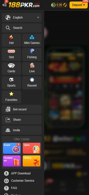 188PKR Game Sidebar Menu and Navigation Options