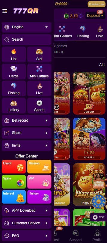 777QR Game Android home screen showing Hot, Slot, Cards, Mini Games, Fishing and Live game categories