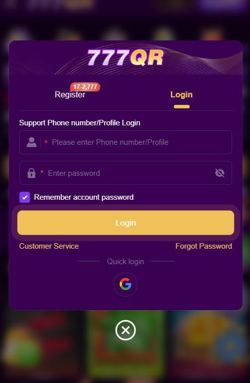 777QR Game login screen showing phone number or profile login, password field, Google quick login and customer support