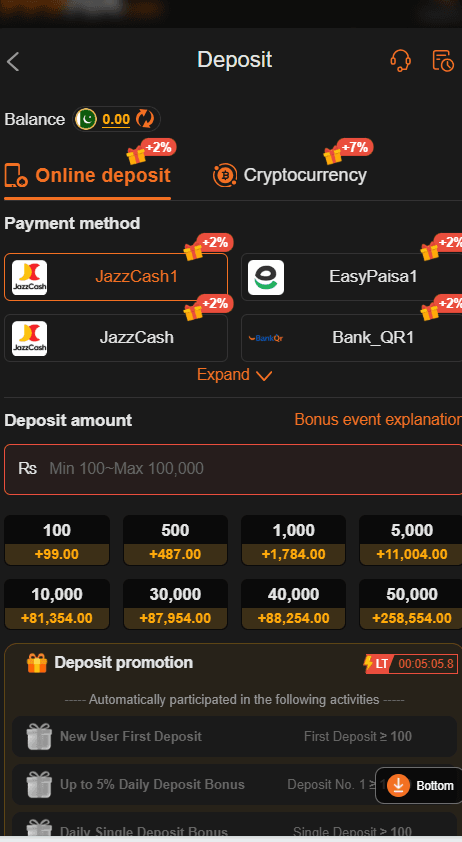 Mobile app deposit screen showing online payment methods including JazzCash, EasyPaisa, and Bank QR alongside deposit amount presets and promotional bonuses.