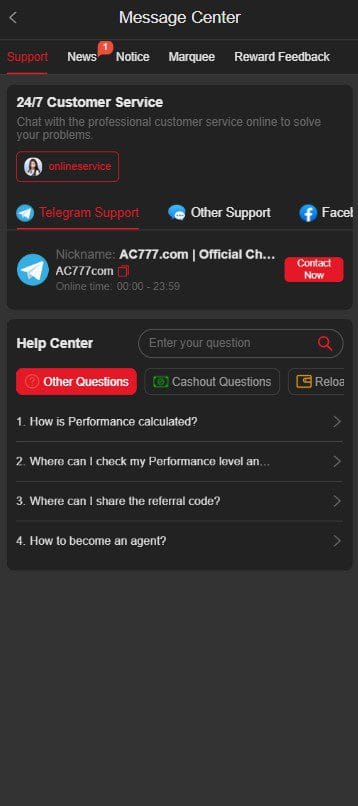 AC777 Game support center with Telegram contact and FAQ section