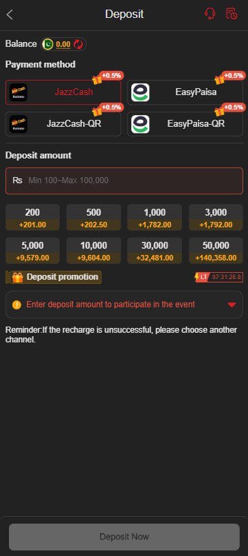 AC777 Game deposit screen with JazzCash EasyPaisa QR payment options