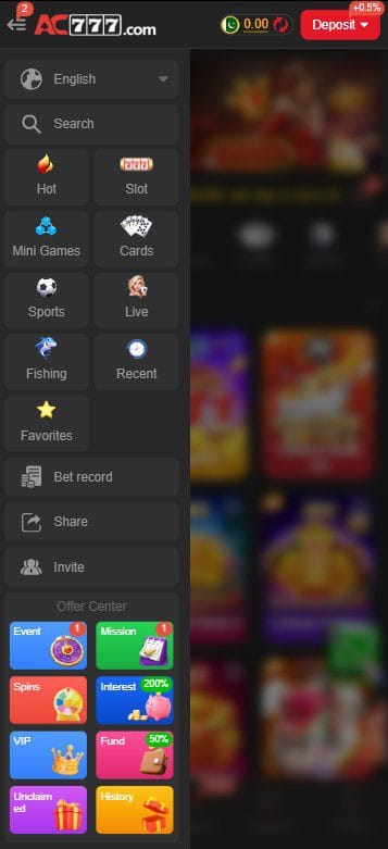 AC777 Game sidebar menu showing categories events VIP and settings
