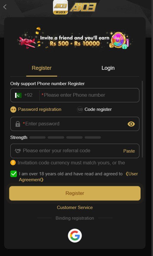 AJ03 Game account registration panel showing Pakistani phone number prefix, password fields, referral code input, and 18+ agreement checkbox