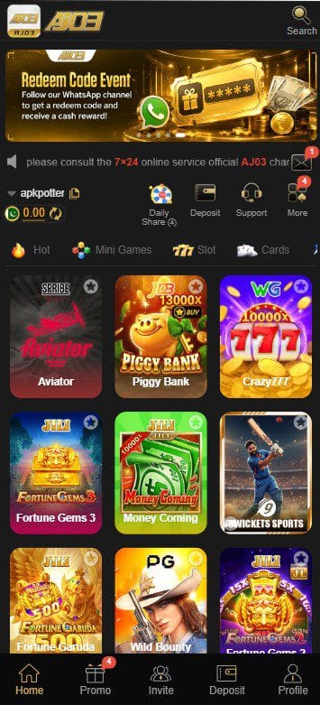 AJ03 Game primary interface showing popular online slot games including Aviator, Piggy Bank, Crazy777, and Fortune Gems 3