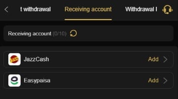 AJ03 Game receiving account screen showing options to add JazzCash and Easypaisa accounts for real money withdrawals in Pakistan