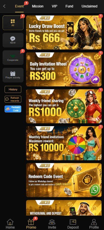 AJ03 Game promo events screen featuring Lucky Draw Boost, Daily Invitation Wheel, and redeem code events for real money bonuses