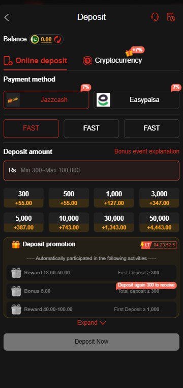 Online deposit menu showing JazzCash and Easypaisa payment integration options in the FD999 app