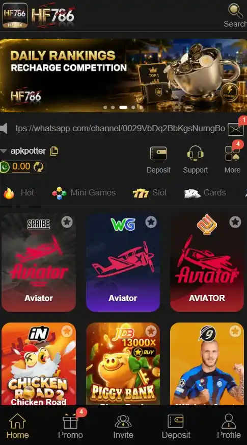 HF786 Game Download – Real Review, APK Guide & Risks 2 The main dashboard of the HF786 earning app showing game selection icons like Aviator and slots alongside the daily active player ranking leaderboard