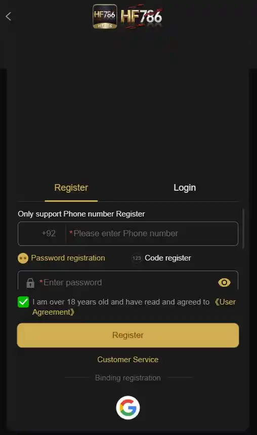HF786 Game Download – Real Review, APK Guide & Risks 3 The official registration interface of the HF786 game app on an Android phone, displaying mobile phone login input boxes and OTP verification options