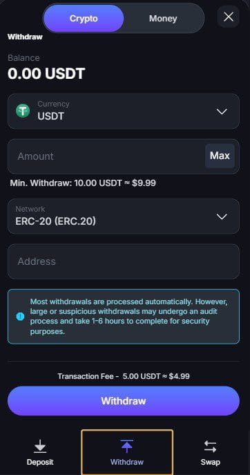 Jackpotter Game APK Download (2026 Latest Version) 8 USDT cryptocurrency withdrawal screen on Jackpotter Game APK download with ERC-20 network address entry