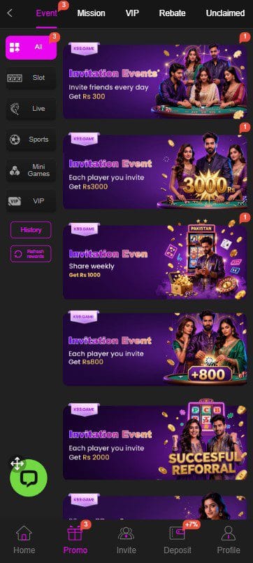 K99 game promotions page showing bonus events and invite reward offers