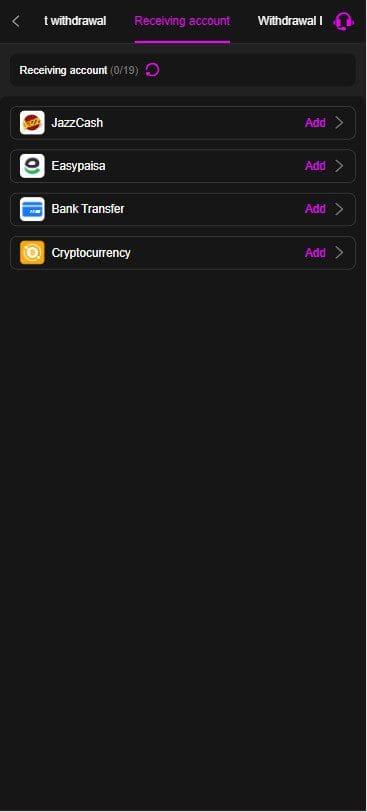 K99 game withdrawal screen showing JazzCash EasyPaisa bank transfer and cryptocurrency options