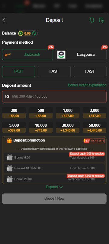 KC99 Game APK deposit screen showing JazzCash and EasyPaisa payment methods with PKR amounts and bonuses