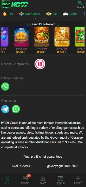 KC99 Game license compliance section showing 18 plus warning and Curacao license claim