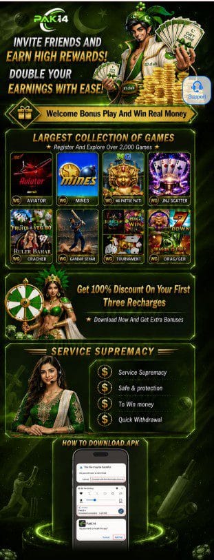 Promotional banner highlighting referral rewards, welcome bonuses, and game collection for PAK14 Game APK Download